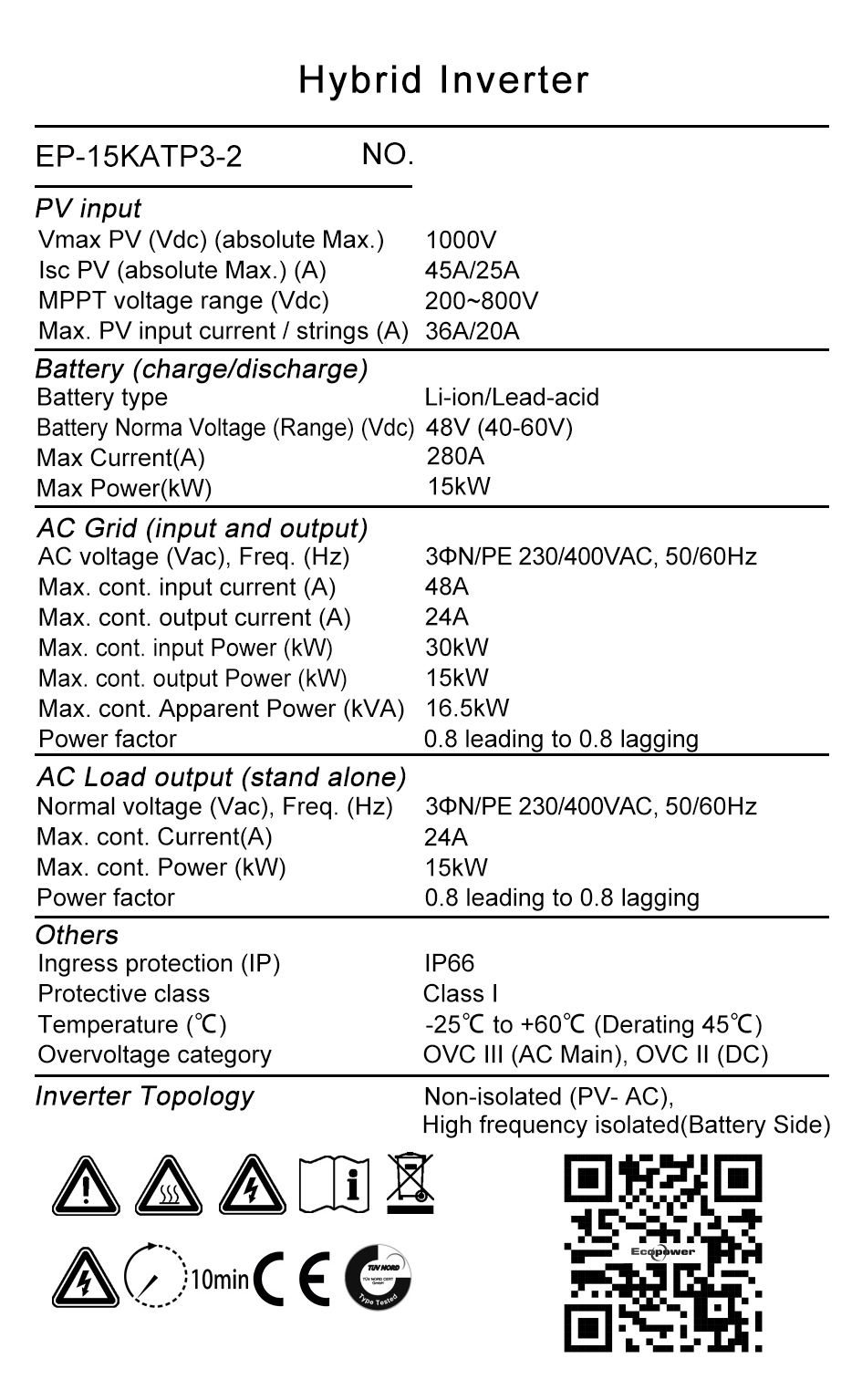 Tem thông số kỹ thuật EP-15KATP3-2