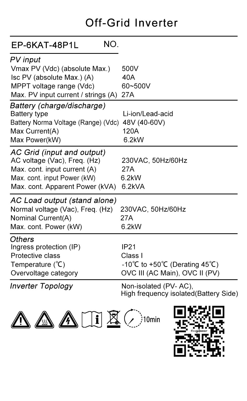 Tem thông số kỹ thuật EP-6KAT-48P1L